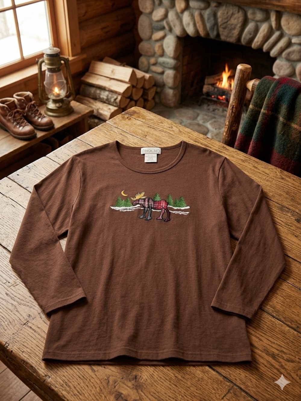 Vintage Embroidered Women’s Brown Long-Sleeve Moose Graphic Tee XXL